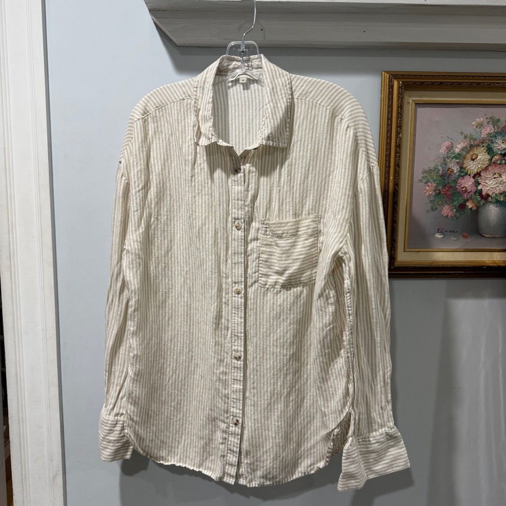 Onia‎ Beige & White Linen Boyfriend Striped Button-Down Shirt | Size M
